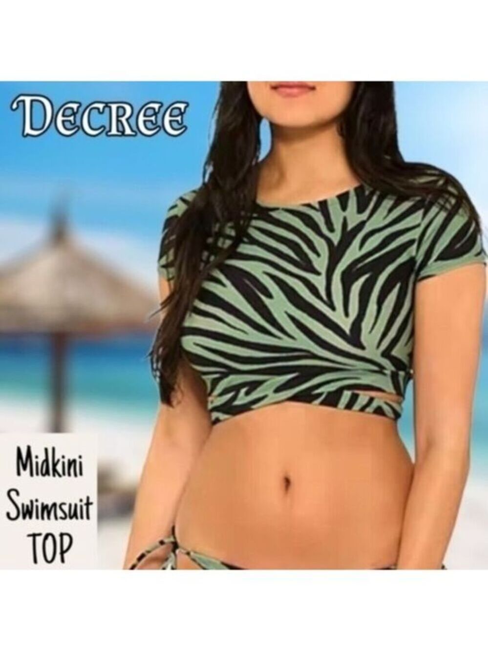 DECREE Jr’s Green & Black ZEBRA Print Short Sleeve Tankini/Swimsuit TOP-XL NWT